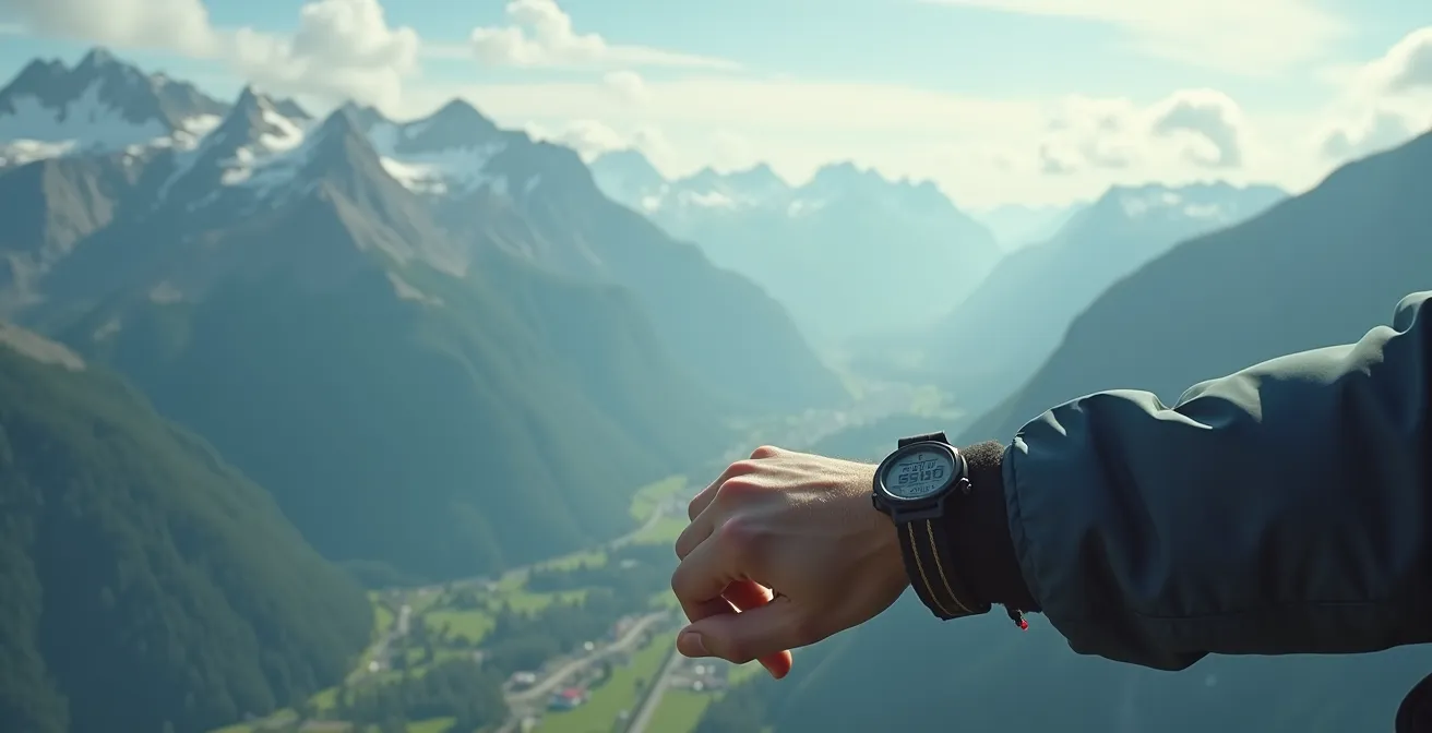 Vue d'ensemble d'un parachutiste vérifiant son altimètre au-dessus d'une vallée alpine suisse