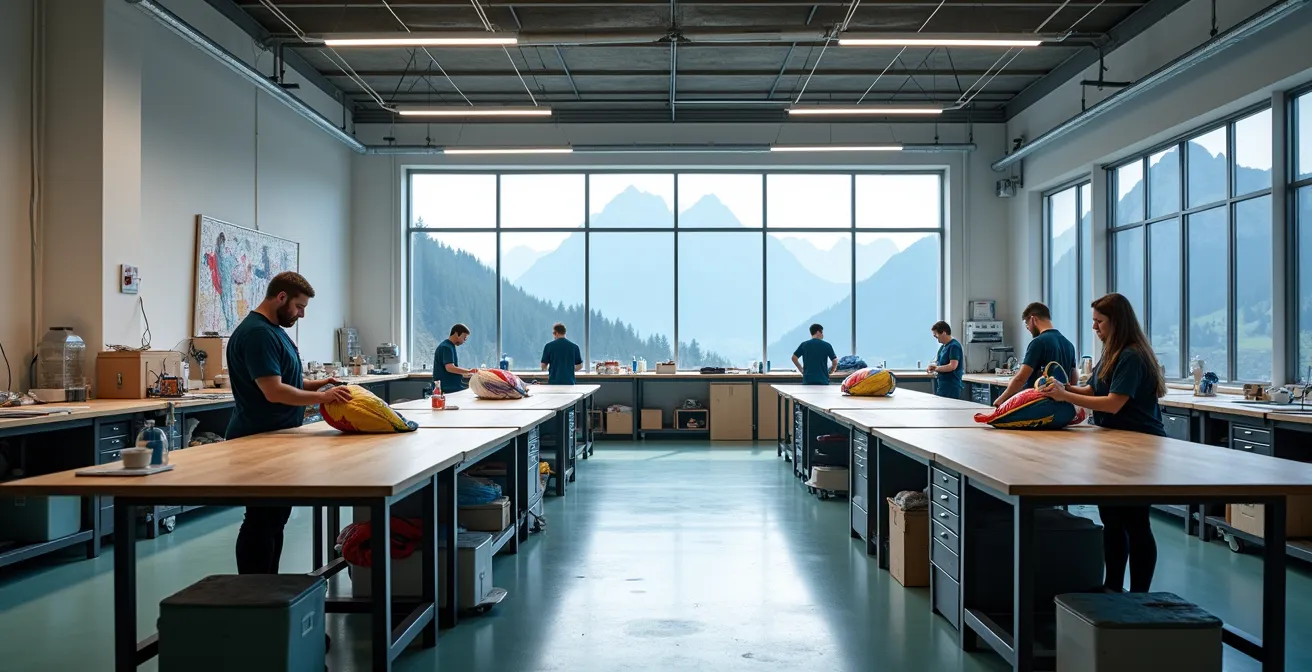 Atelier de rigger en période creuse montrant l'organisation et la disponibilité optimale