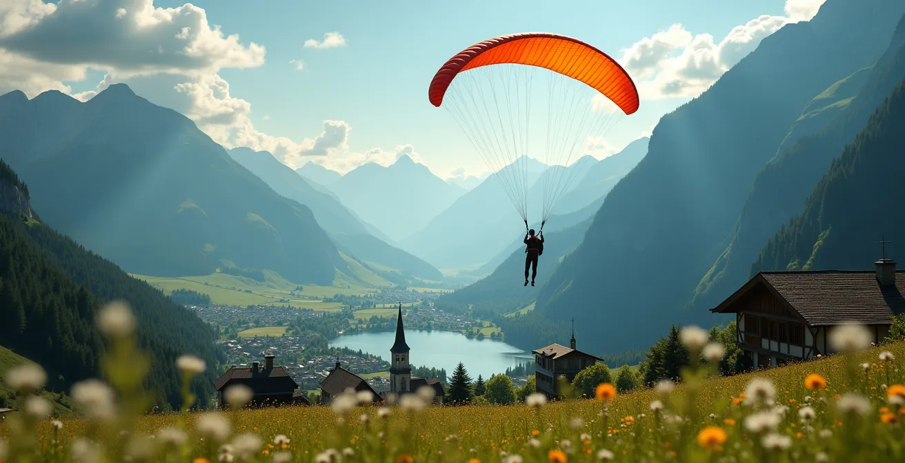 Parachutiste sous voile colorée descendant vers une vallée alpine avec village traditionnel et lac en contrebas
