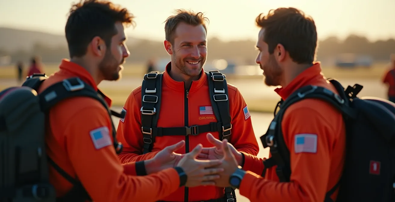 Discussion sérieuse entre parachutistes expérimentés encadrant un jeune membre