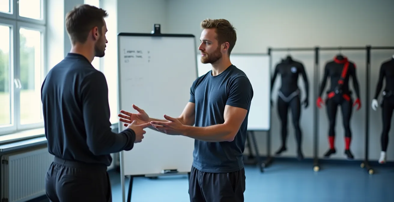 Séance de briefing entre un instructeur et son élève devant un tableau de formation, ambiance studieuse