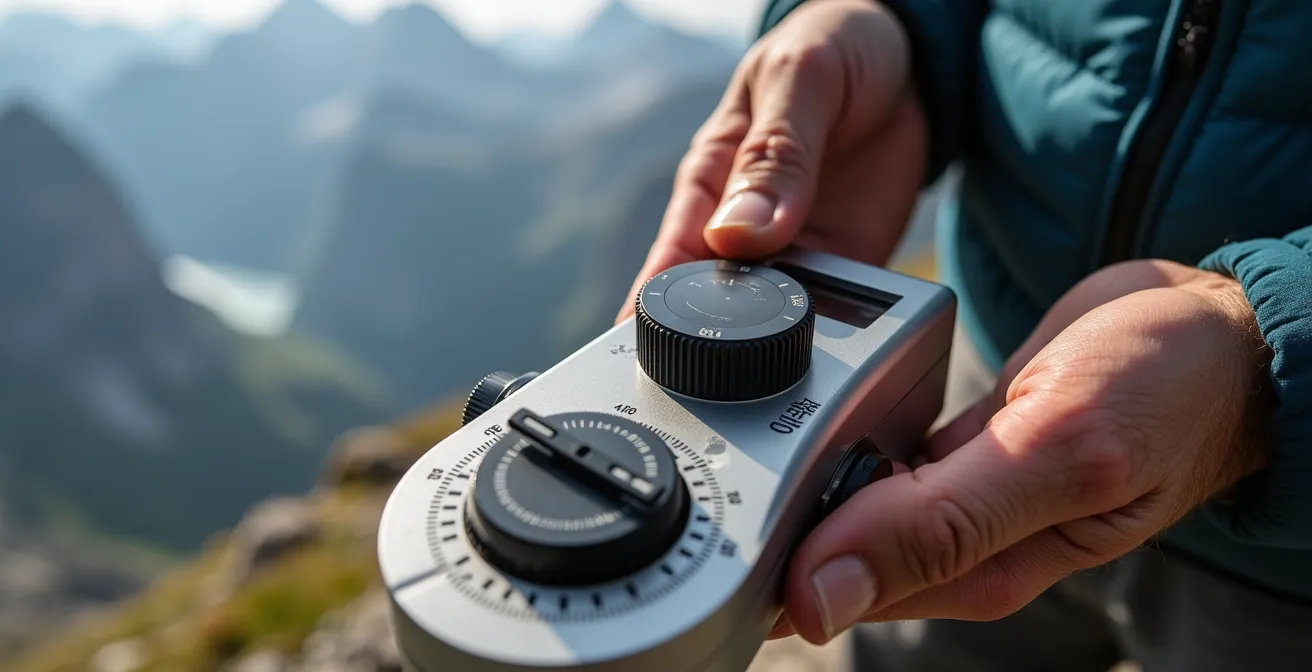 Gros plan sur les mains d'un parachutiste ajustant un altimètre avec les Alpes suisses en arrière-plan