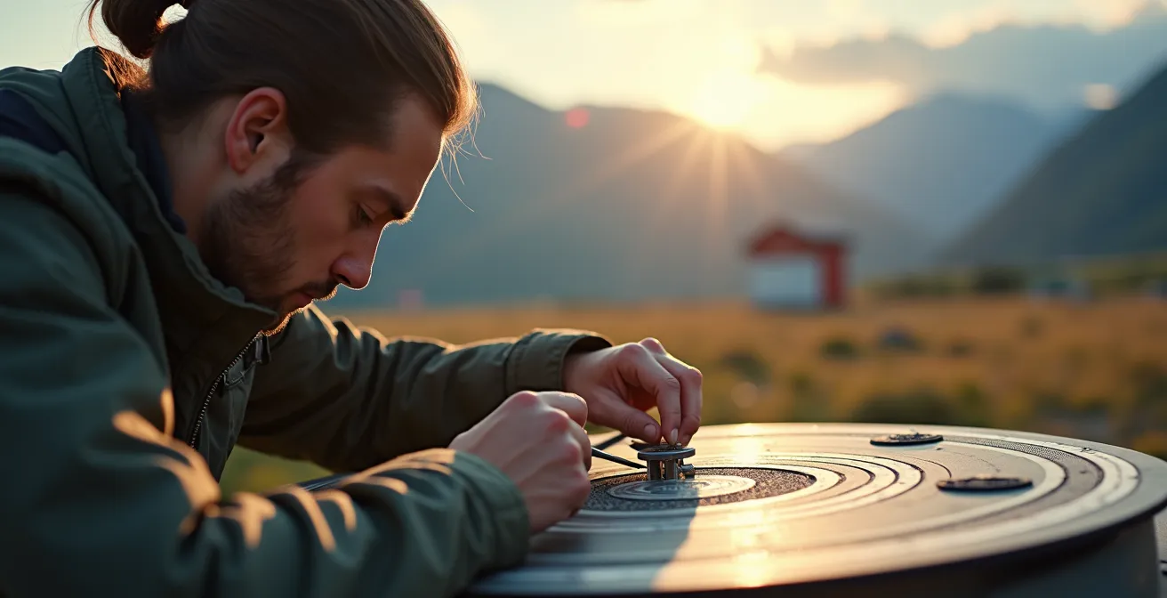 Technicien calibrant un capteur de cible électronique sur une dropzone suisse avec équipement de mesure certifié