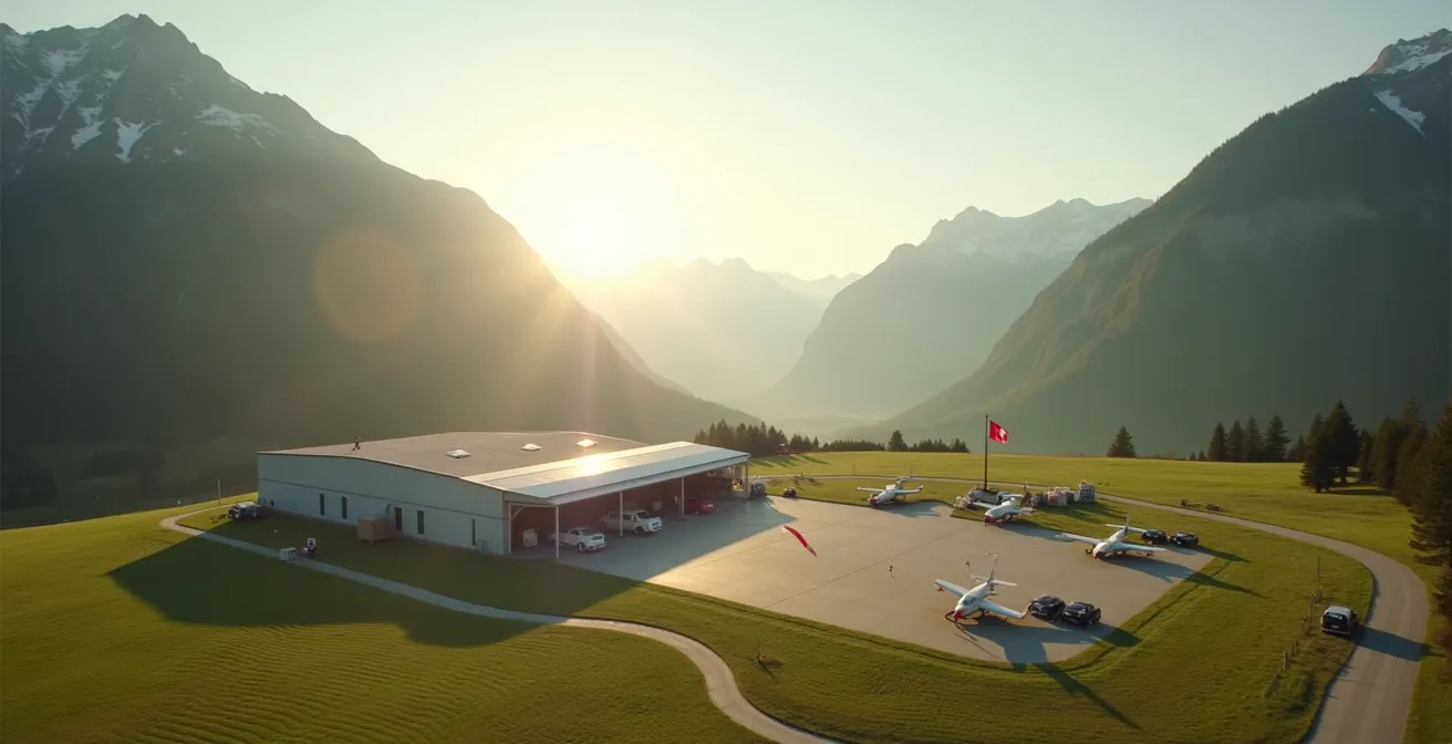 Vue large d'un centre de parachutisme suisse avec hangars et zone d'atterrissage