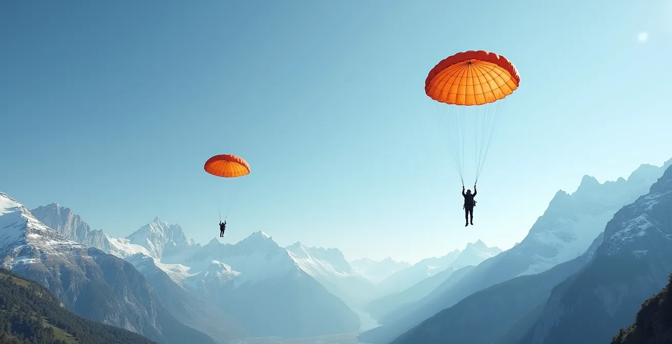 Comparaison visuelle de deux parachutes de secours de tailles différentes déployés en montagne suisse