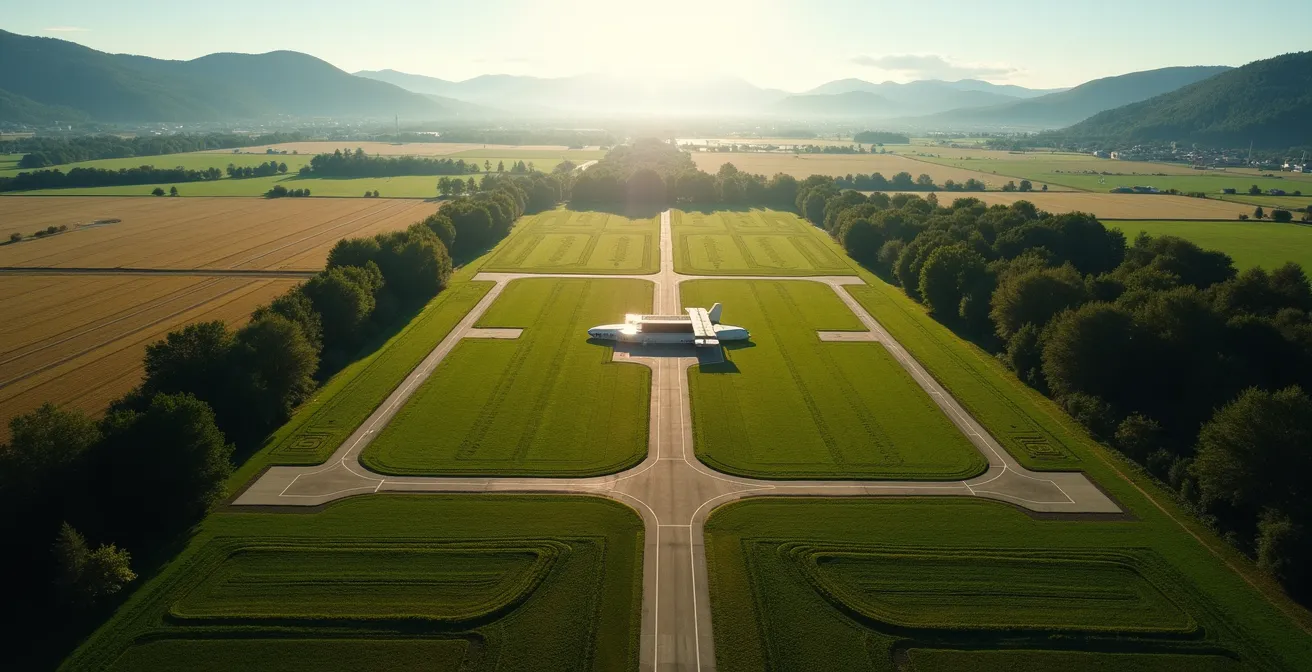 Vue aérienne d'un circuit d'atterrissage de parachute avec zones de navigation marquées