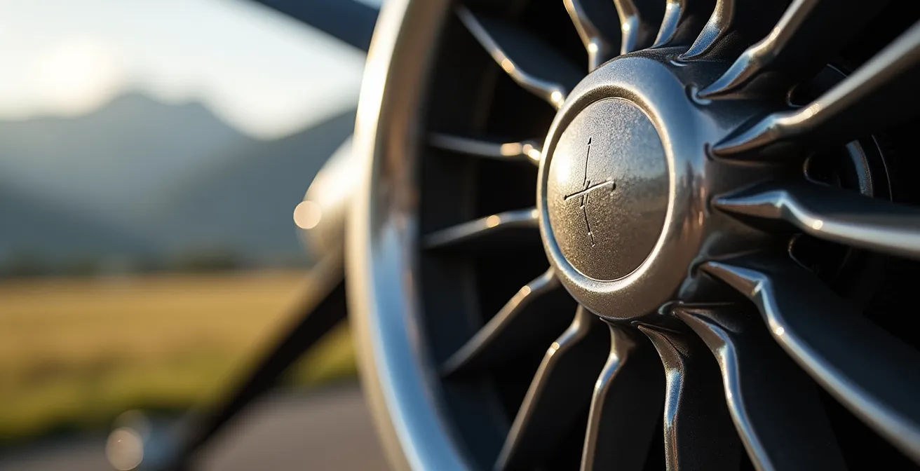 Détail macro de la turbine d'un Pilatus Porter avec les reflets métalliques et les pales en mouvement flou