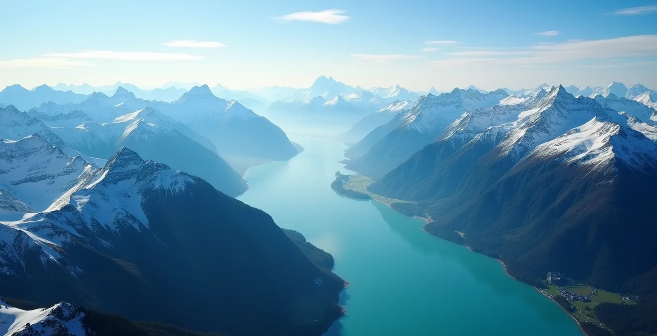 Vue panoramique aérienne montrant la transition entre les lacs d'Interlaken et les sommets enneigés des Alpes bernoises