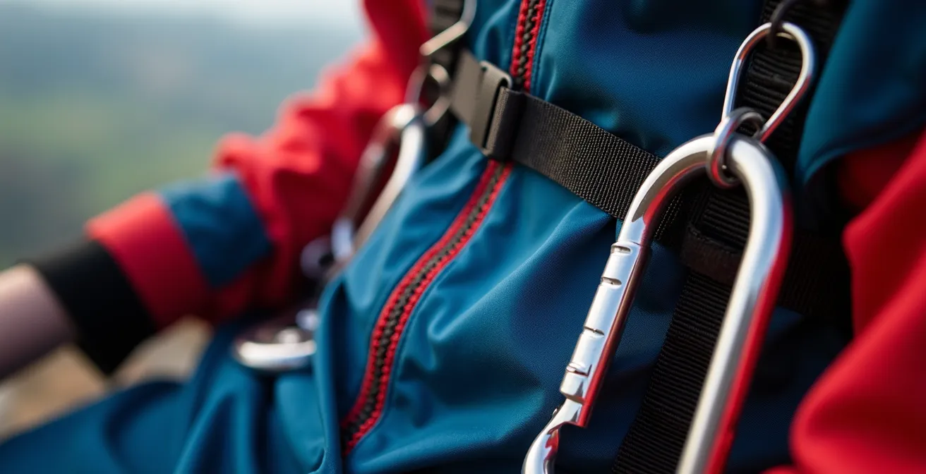 Vue macro détaillée de l'équipement de différentes disciplines de parachutisme avec textures contrastées