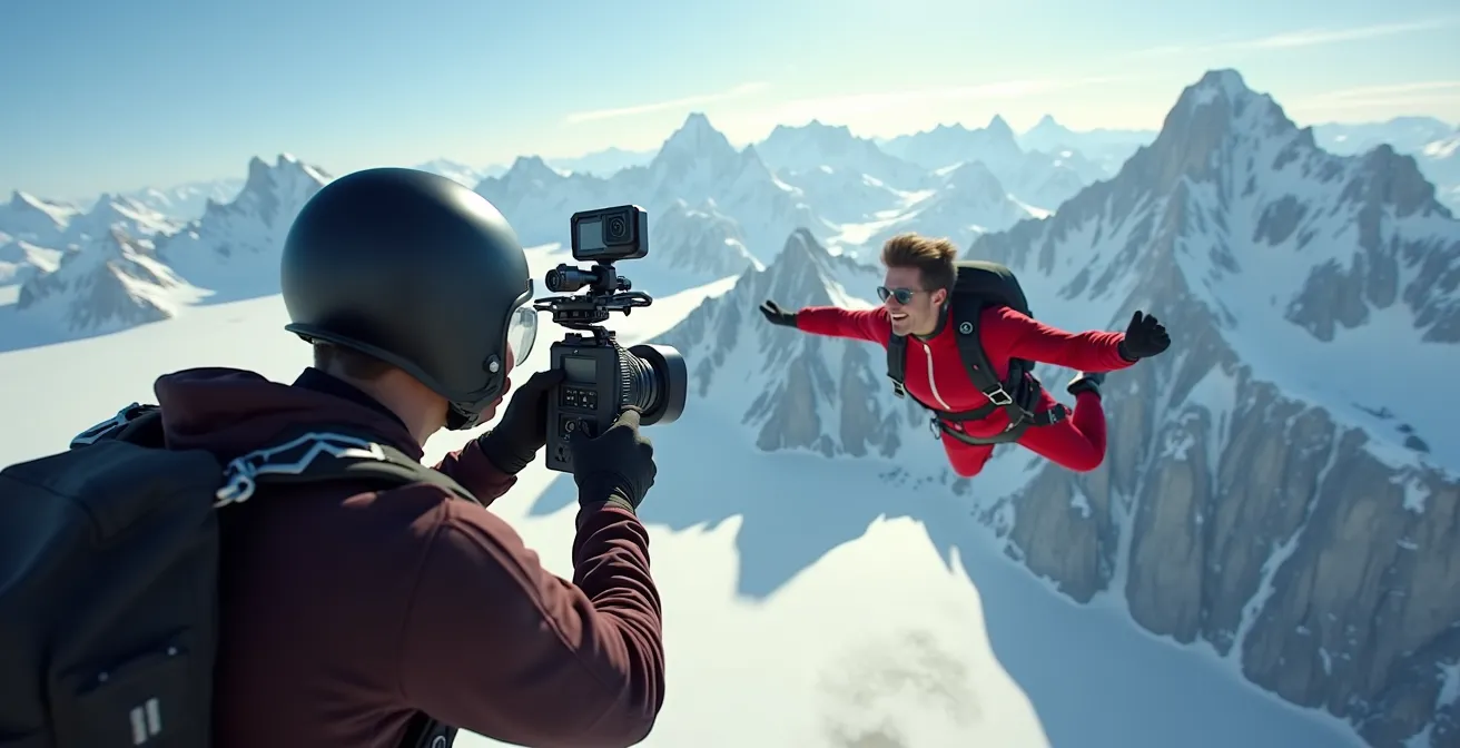 Photographe vidéoman en chute libre filmant un parachutiste tandem avec les sommets alpins en arrière-plan