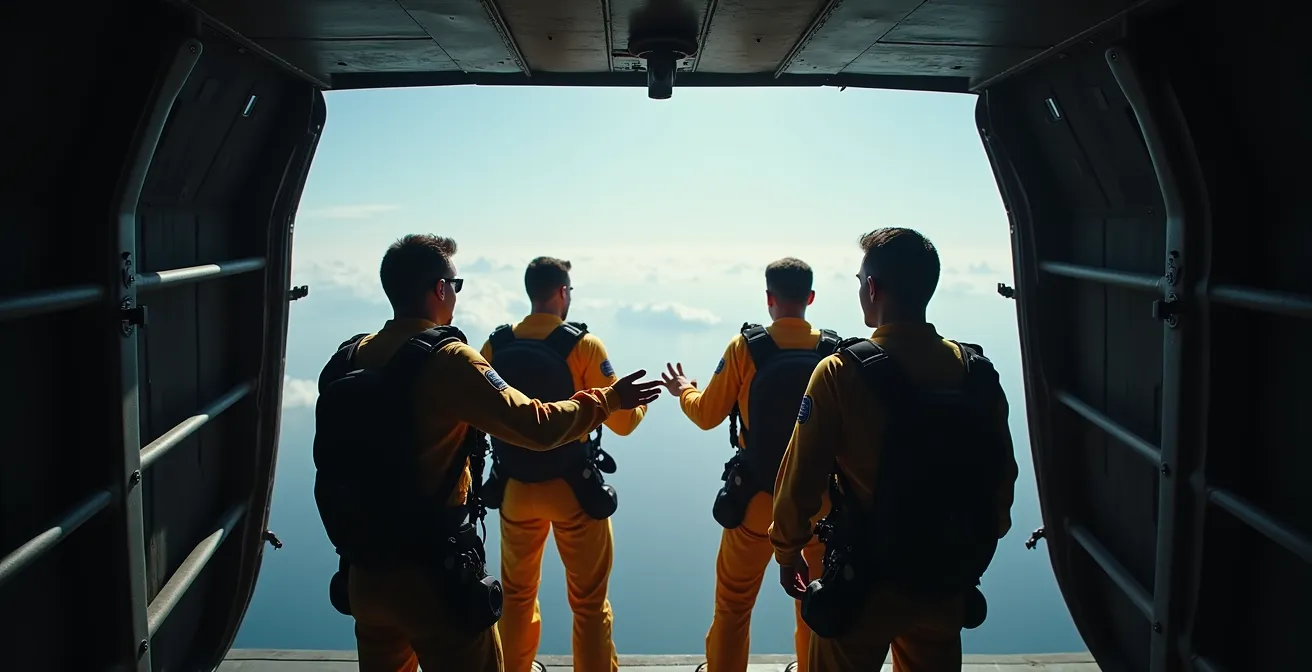 Vue arrière d'un groupe de parachutistes coordonnant leur sortie depuis un Pilatus Porter