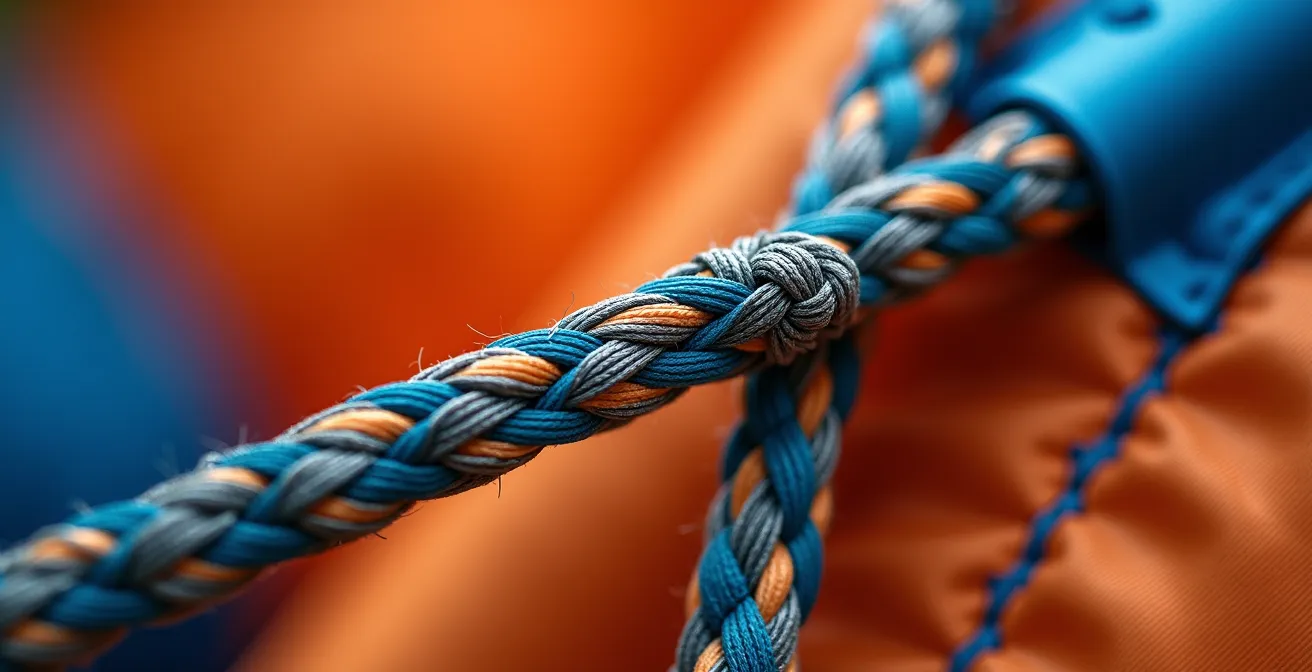 Vue macro de suspentes de parachute montrant l'entrelacement complexe des fils techniques