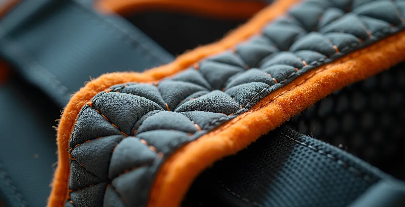 Vue macro détaillée des mousses 3D et stabilisateurs matelassés sur un harnais de parachutisme moderne