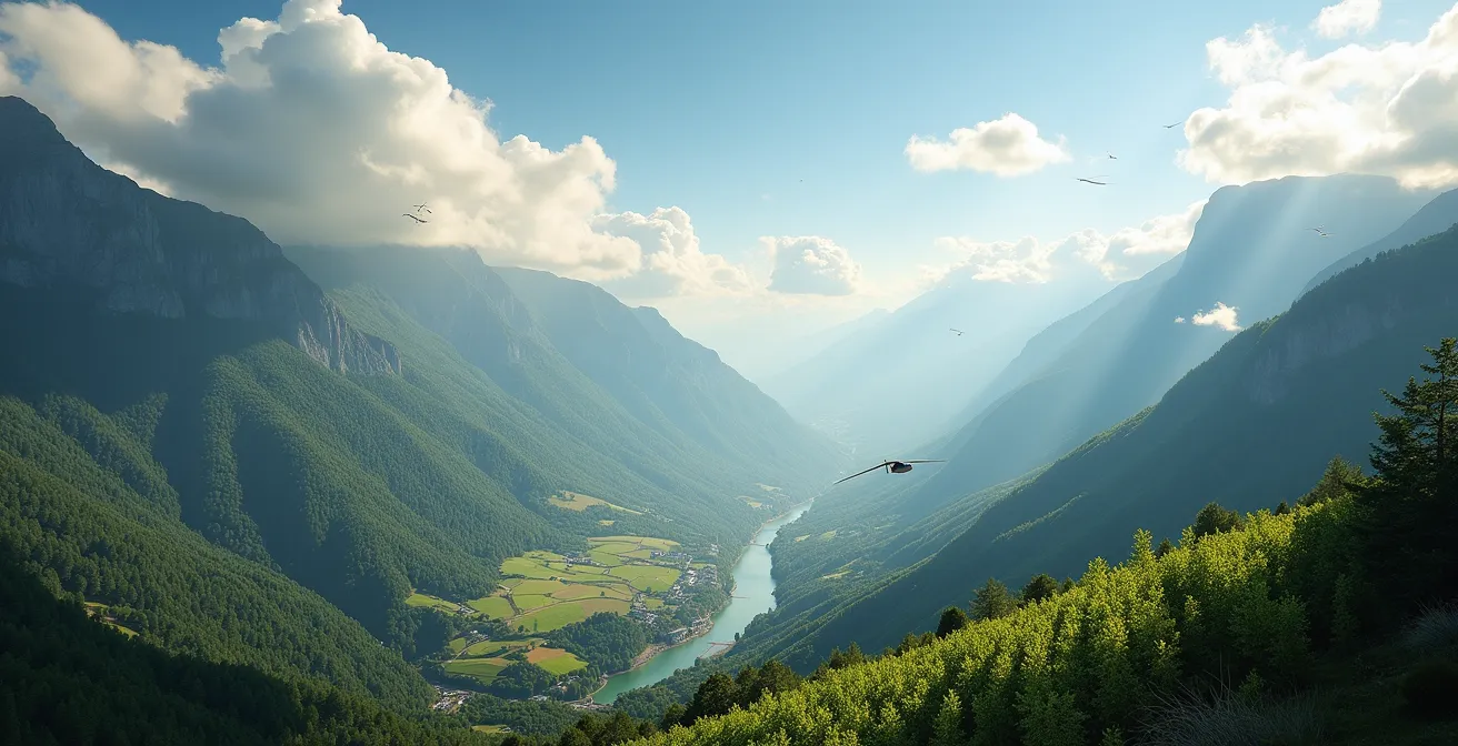Coupe transversale d'une vallée alpine montrant le cycle des thermiques