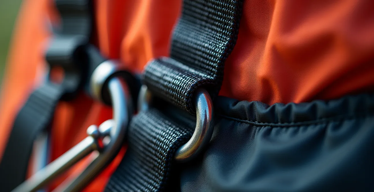 Vue macro de l'équipement technique de parachutisme avec détails des textures