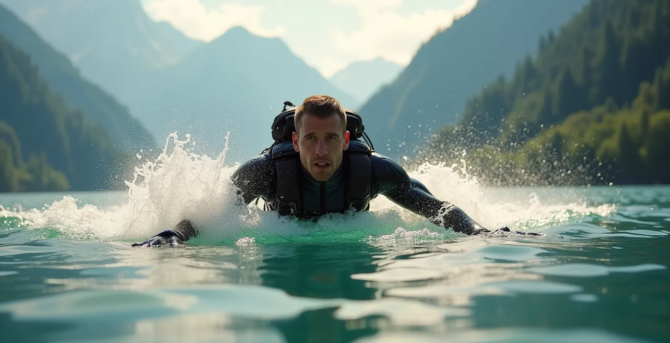 Vue aérienne d'un parachutiste effectuant un swoop au-dessus d'un lac alpin