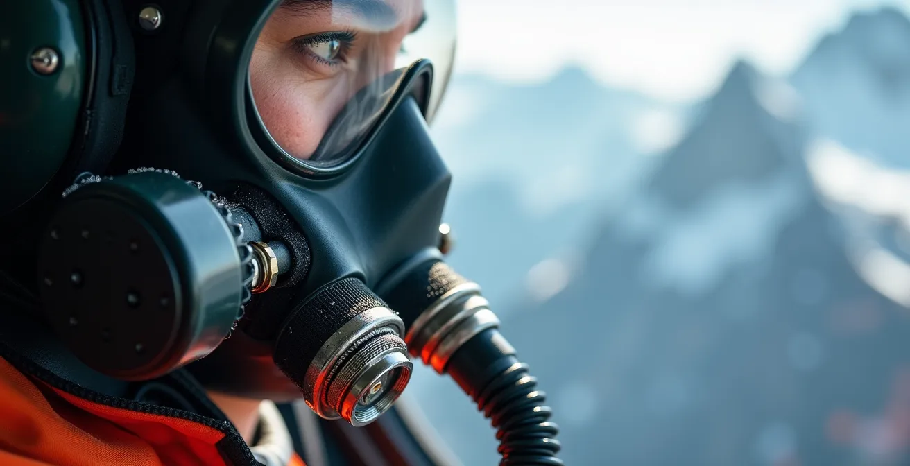 Gros plan sur le système d'oxygène d'un parachutiste préparant un saut en haute altitude