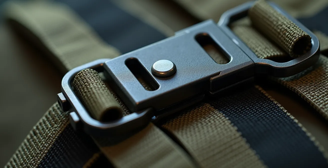 Détail macro d'un harnais de parachute avec focus sur les sangles et ajustements