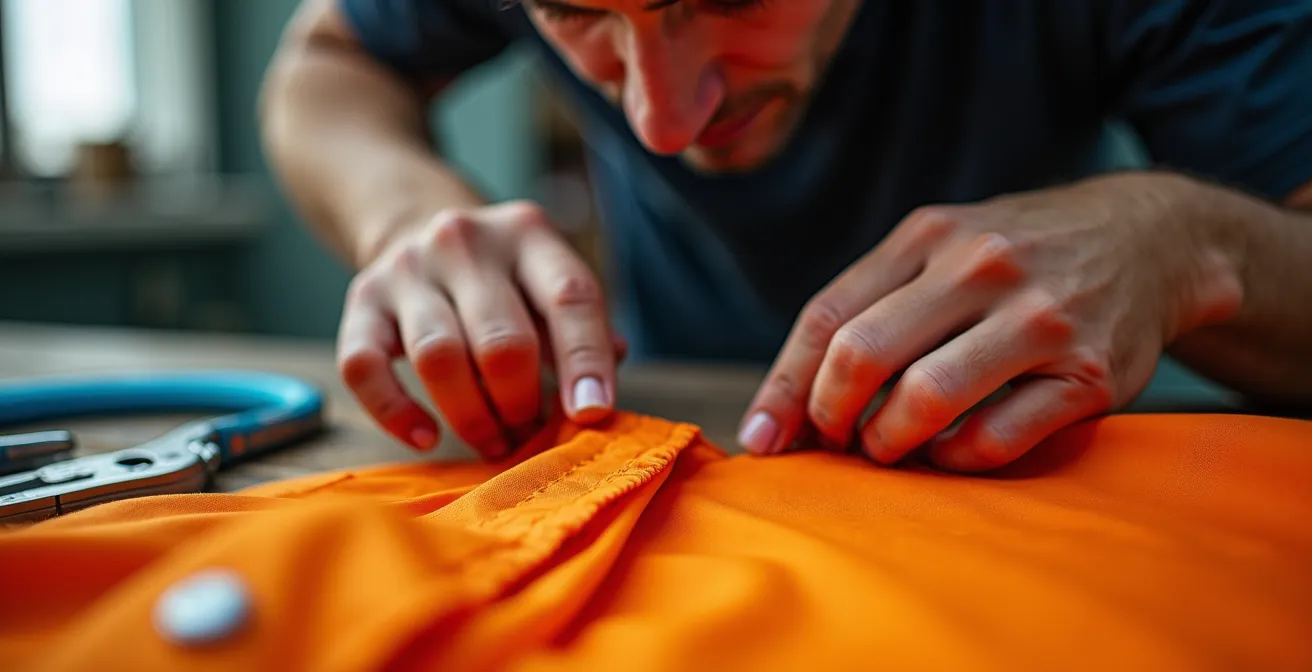Inspection détaillée d'un parachute de secours avec focus sur les coutures et systèmes de sécurité