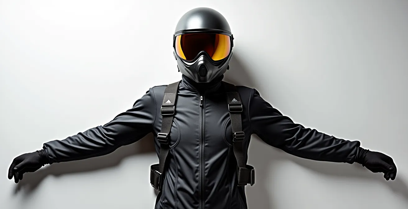 Équipements de vol indoor professionnels disposés de manière artistique sur une surface moderne