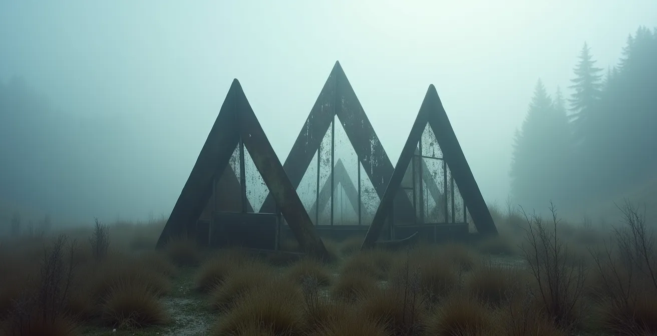 Panneau de signalisation abstrait dans un paysage alpin brumeux symbolisant les pièges à éviter