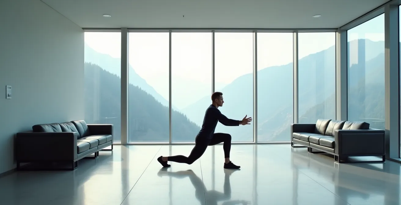 Parachutiste effectuant des étirements spécifiques entre deux sessions de soufflerie