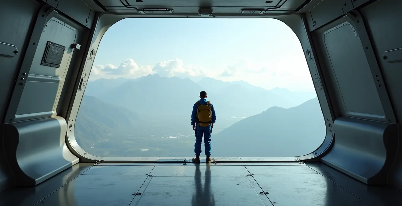 Parachutiste solitaire contemplant différents terrains de saut suisses depuis une altitude élevée