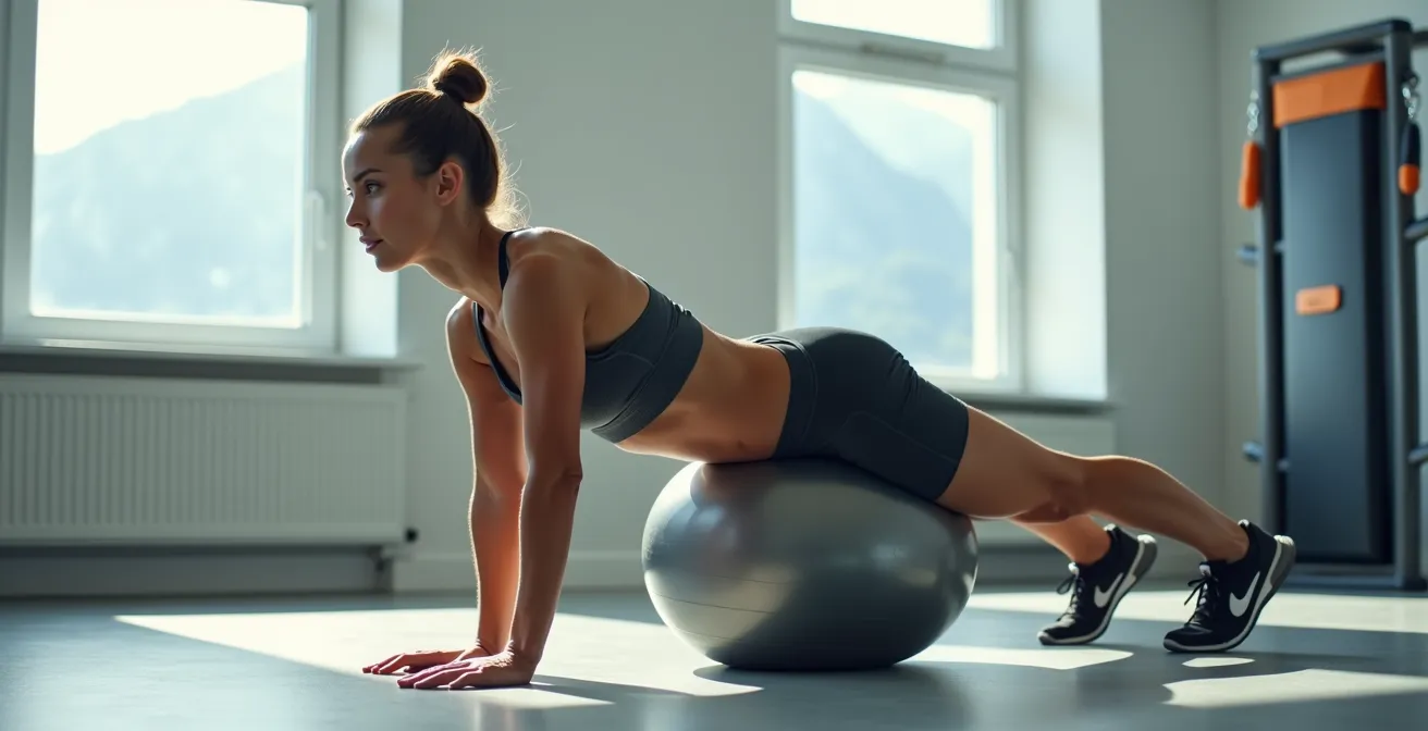 Parachutiste pratiquant des exercices de gainage sur Swiss Ball dans une salle d'entraînement