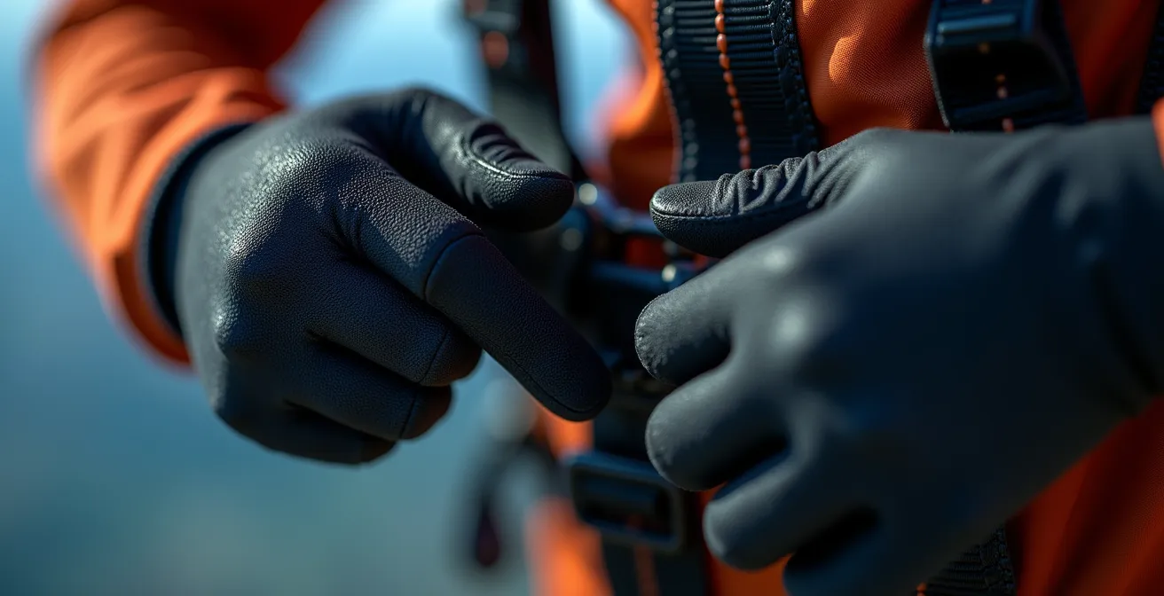 Gros plan macro sur la main d'un parachutiste s'entraînant aux touchers de poignée