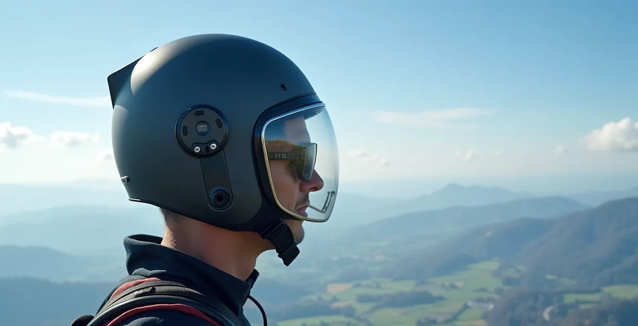 Vue latérale d'un système de fixation caméra à profil bas sur casque de parachutisme