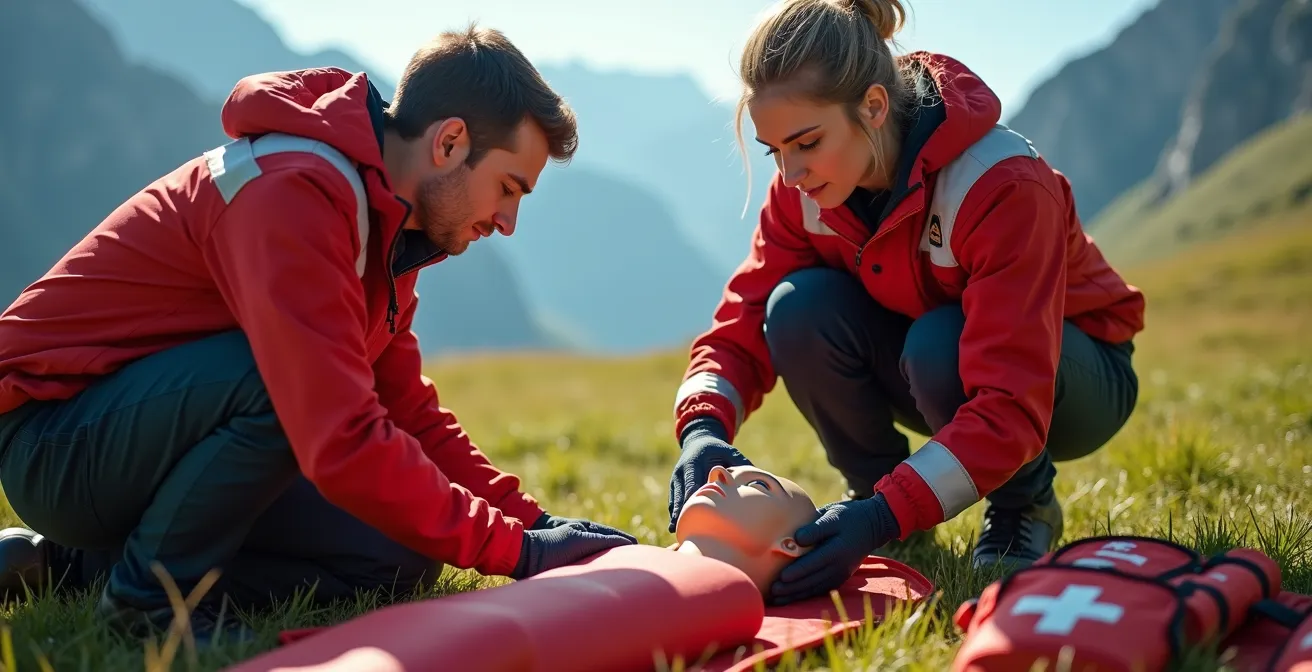 Secouristes pratiquant une immobilisation cervicale sur mannequin d'entraînement dans un environnement de prairie alpine