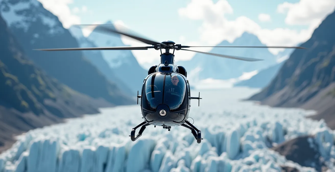 Hélicoptère Air Zermatt en vol stationnaire au-dessus du glacier du Gorner avec les sommets valaisans