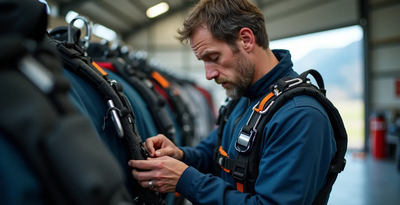 Instructeur de parachutisme vérifiant méticuleusement l'équipement avant un saut dans un hangar d'aérodrome alpin
