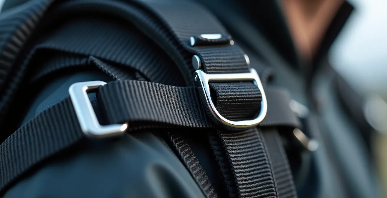 Vue macro détaillée du système de réglage de ventrale d'un harnais de parachute de précision