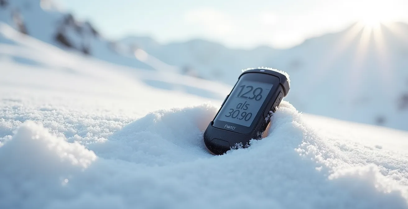 Vue minimaliste d'un altimètre posé sur une surface enneigée avec compartiment batterie visible