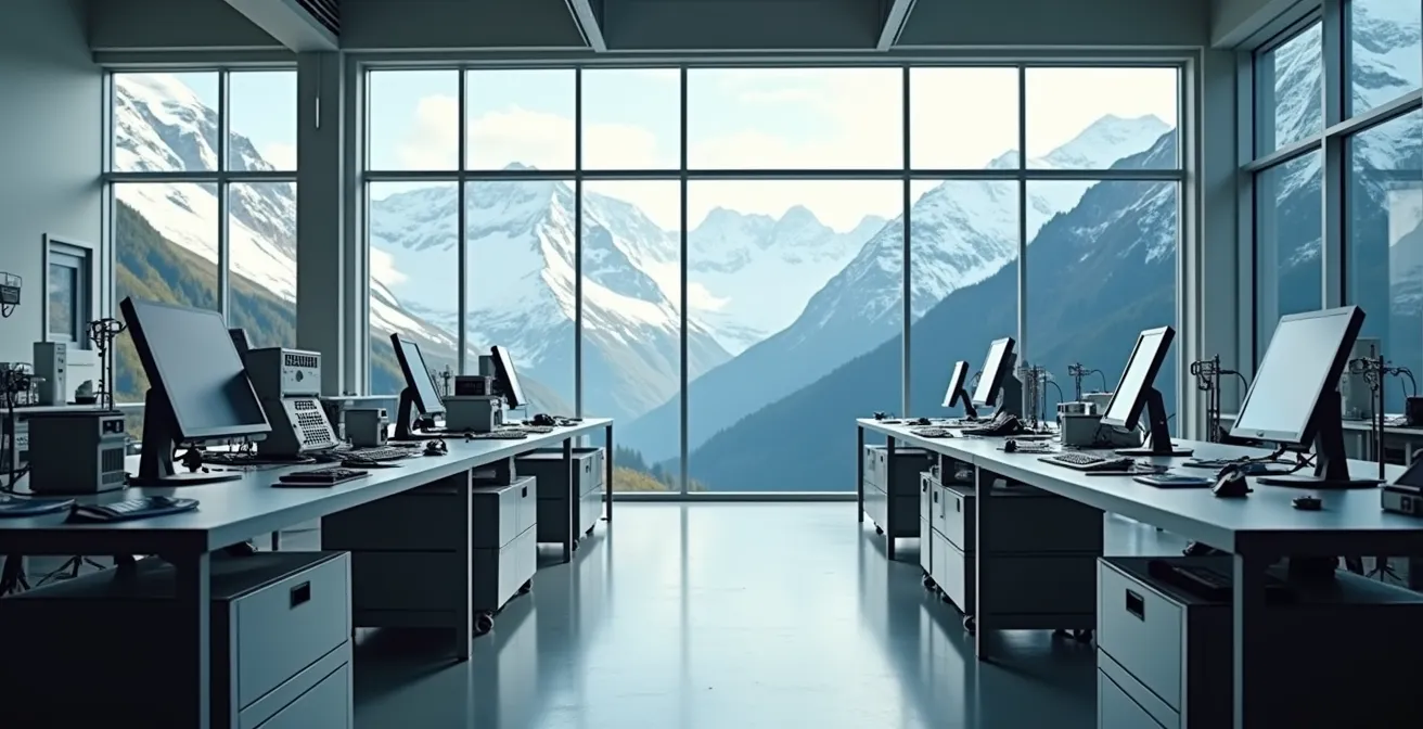 Vue d'ensemble d'un atelier de maintenance avec capteurs et équipements de parachutisme dans un environnement alpin