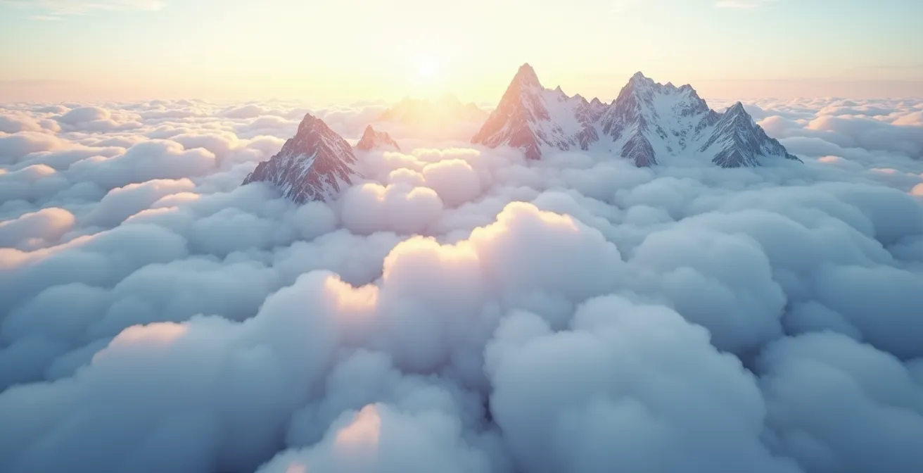 Vue aérienne d'une mer de nuages dans les Préalpes avec les sommets perçant comme des îles
