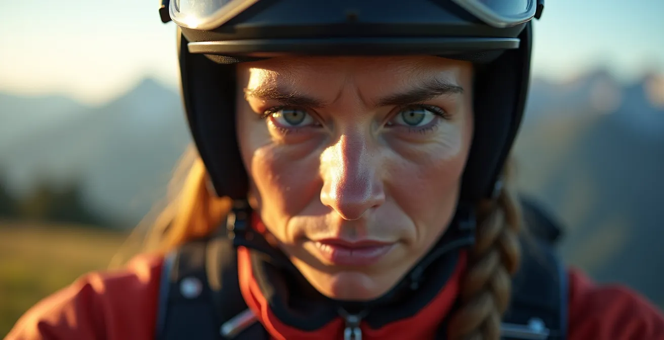 Portrait rapproché d'un parachutiste en concentration intense lors de l'approche finale