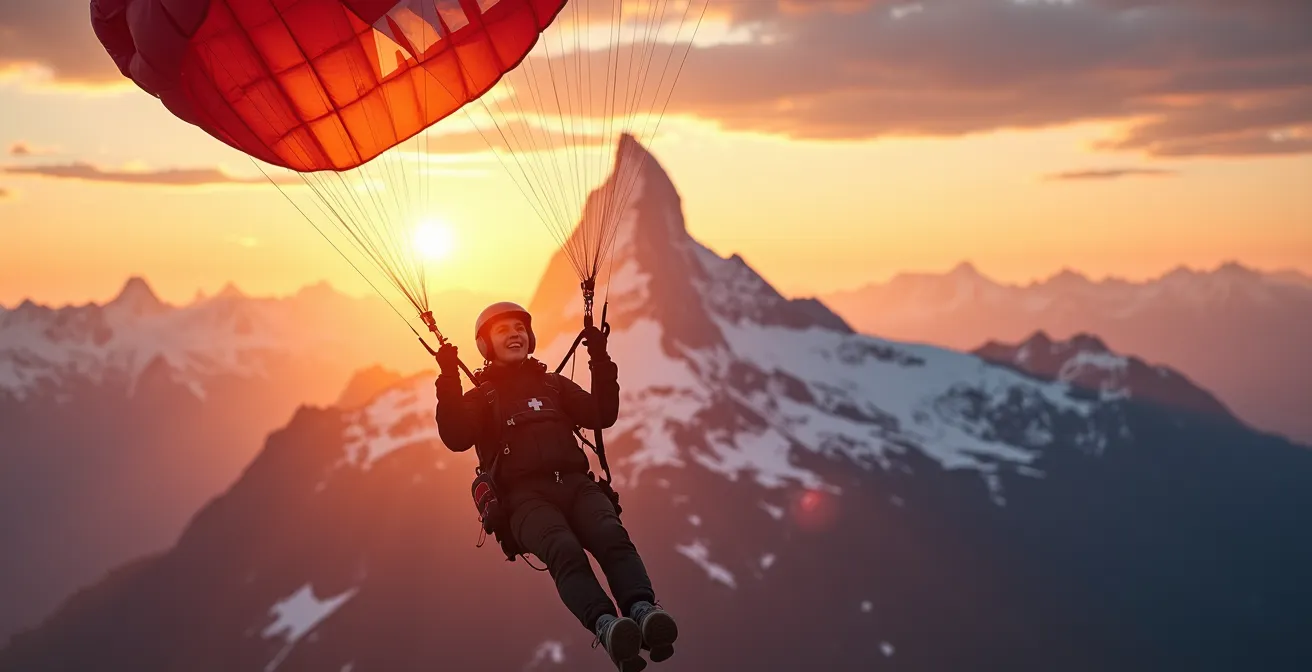Parachutiste sous voile au coucher du soleil avec vue sur le Cervin et les Alpes valaisannes