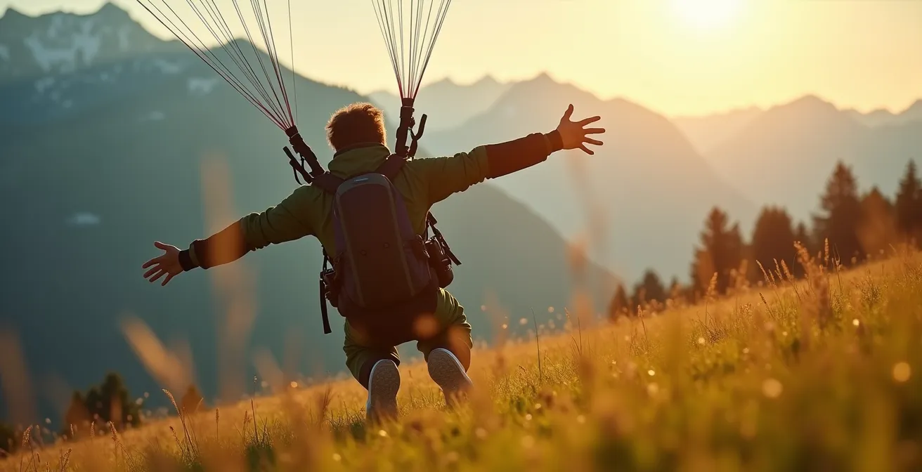 Parachutiste en phase finale d'atterrissage effectuant un flare avec montagnes en arrière-plan