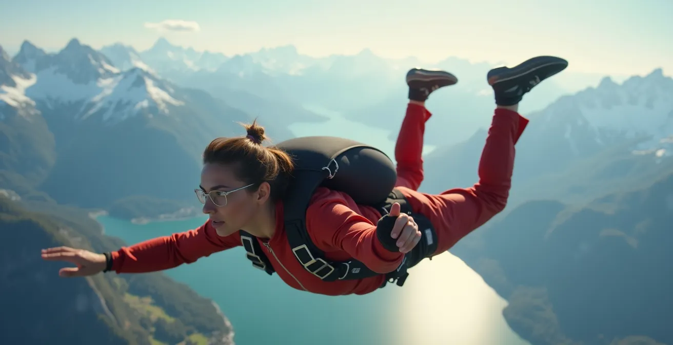 Parachutiste en position assise parfaite pendant une séance de freefly au-dessus des Alpes suisses