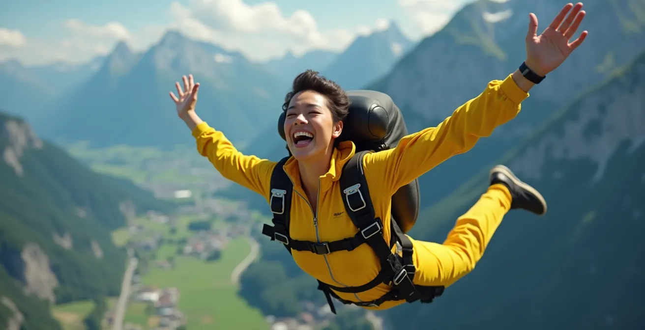 Passager en position arquée parfaite lors d'une chute libre au-dessus des Alpes suisses