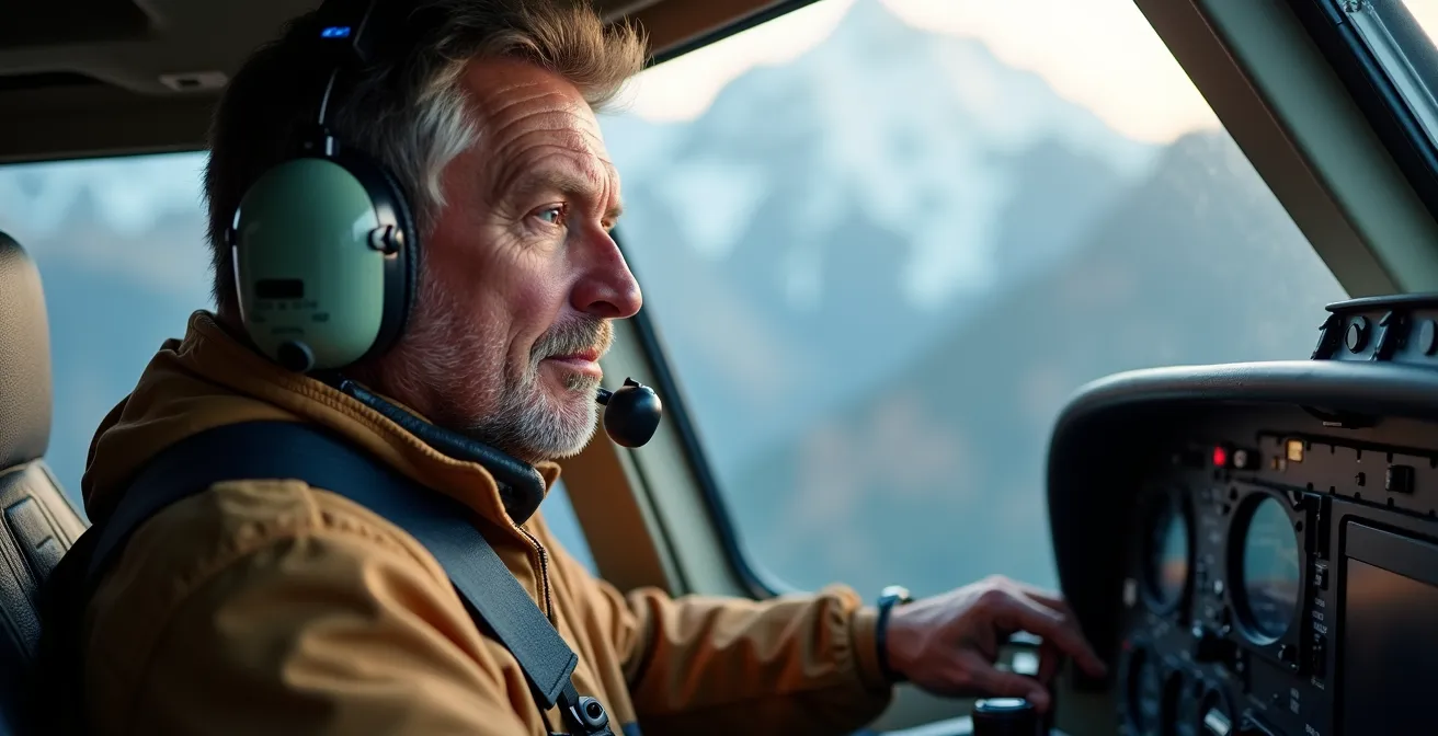 Pilote de montagne suisse dans le cockpit préparant un vol de parachutisme