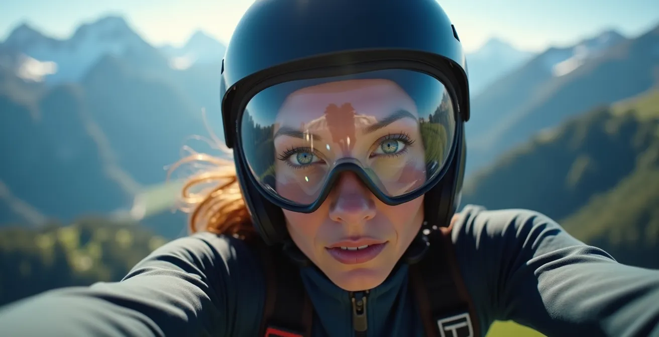 Parachutiste en position de chute assise au-dessus des vallées suisses