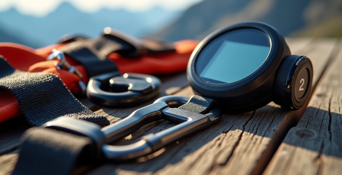 Gros plan sur l'équipement de parachutisme professionnel avec harnais et altimètre sur fond de montagne floue