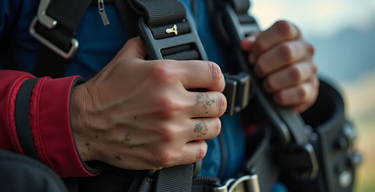 Gros plan sur les mains d'un parachutiste vérifiant son équipement avant le saut