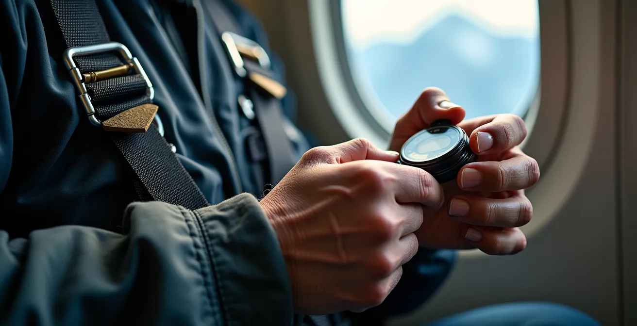 Parachutiste en préparation mentale face aux sommets alpins avant le saut
