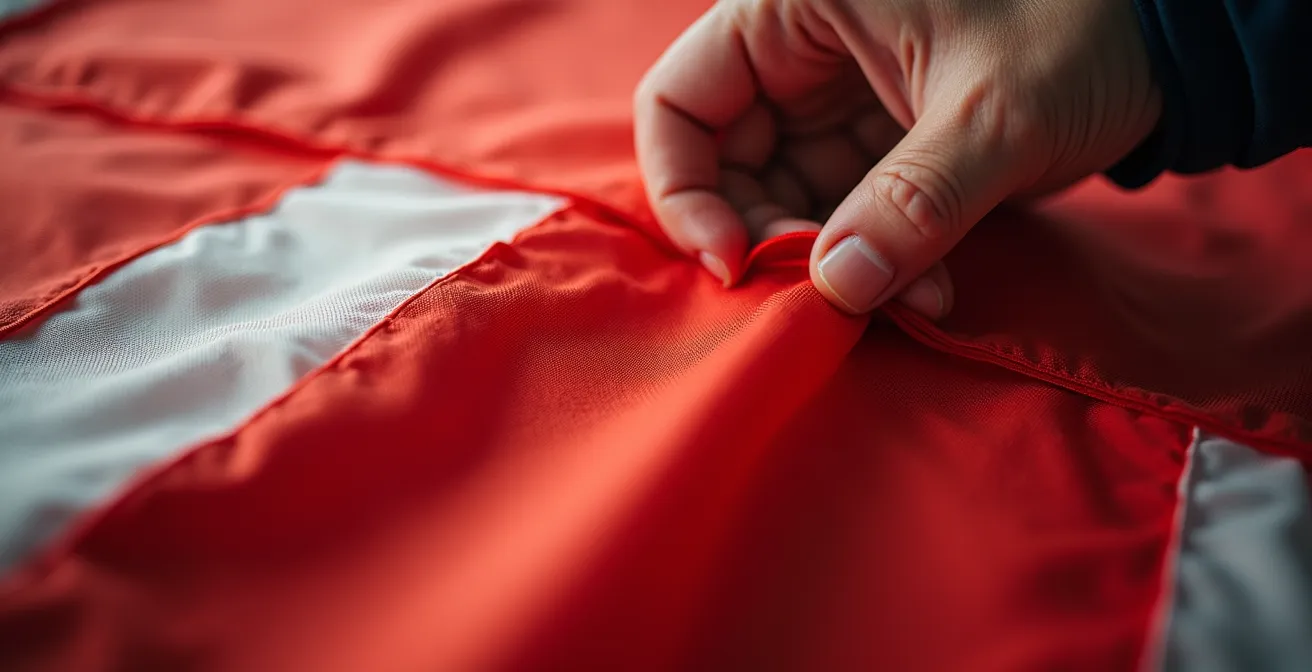 Détail macro du processus de pliage d'un parachute de secours montrant les mains expertes du rigger