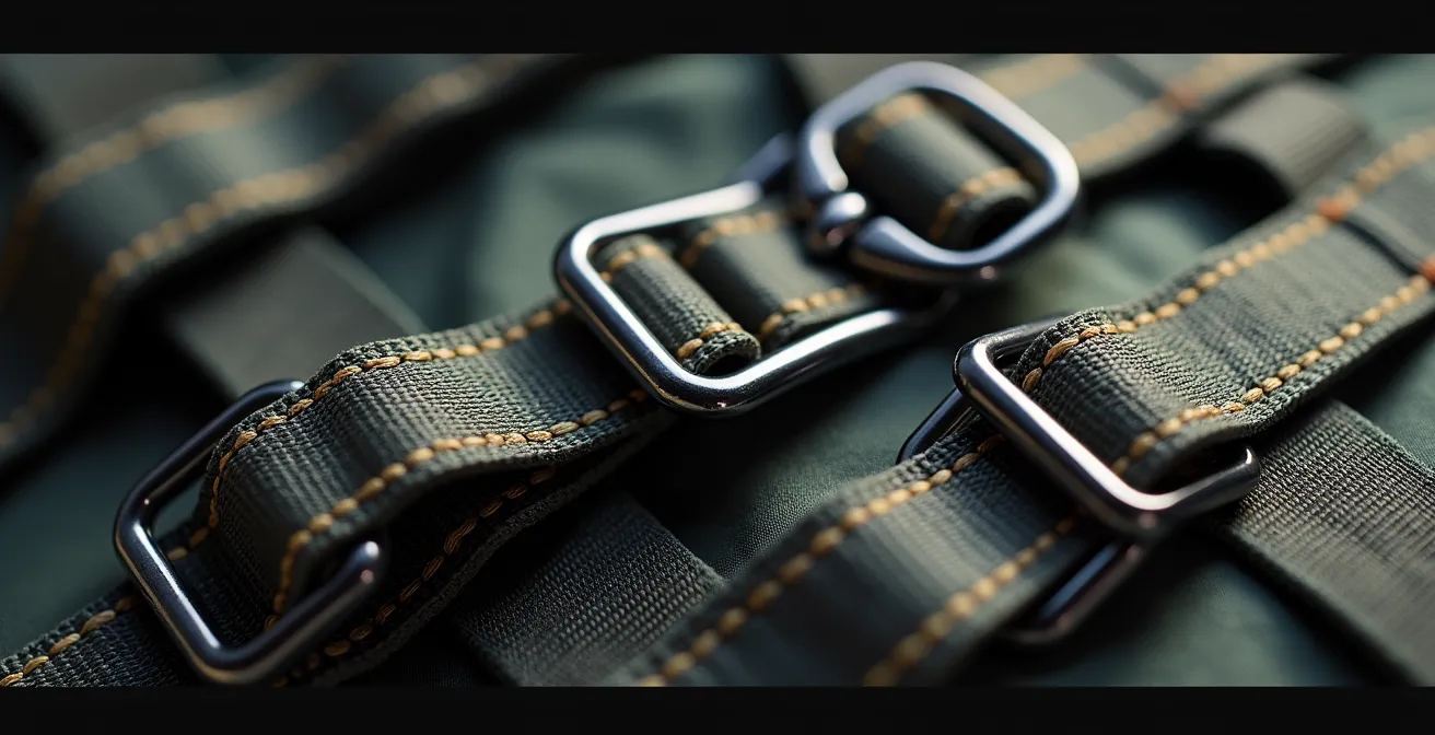 Détail macro d'un équipement de parachutisme montrant les textures et mécanismes techniques