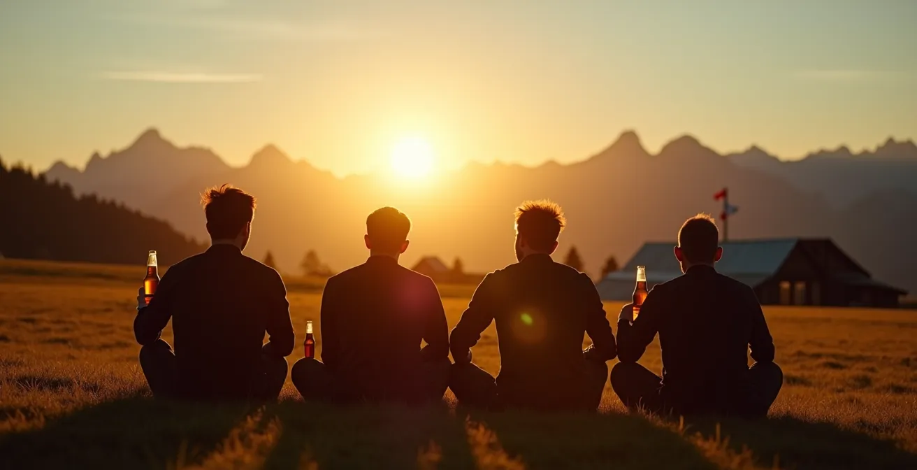 Parachutistes partageant une bière au coucher du soleil sur une dropzone suisse